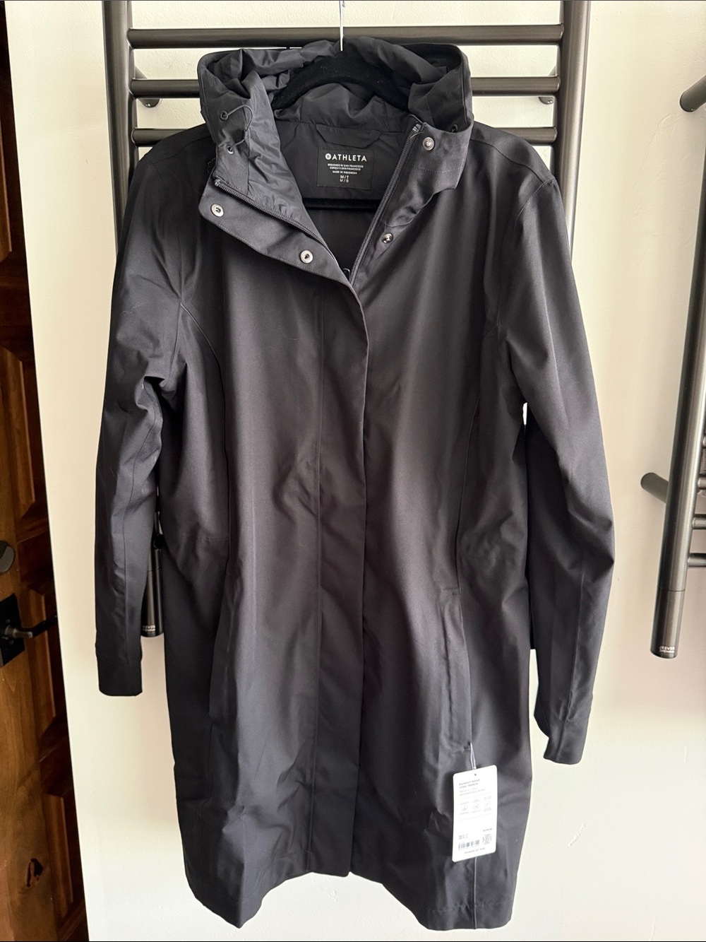 Athleta Black Hooded Trench-Style Raincoat